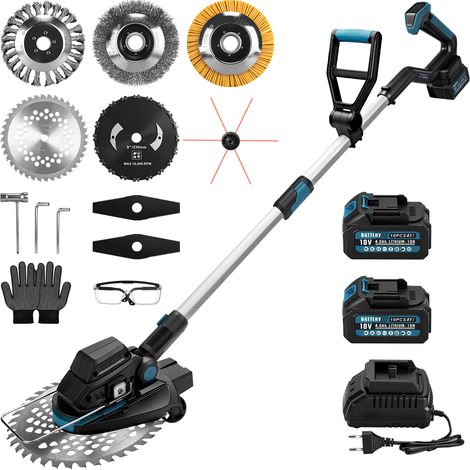 1200W 16800U/min Débroussailleuse Électrique Sans Balais Sans Fil Coupe Bordure à Roues avec 2x Batterie Compatible Makita 21V Tête Pivotante 90°Longueur Réglable 100-140cm 7 Types Lames pour Jardin C (1/5)