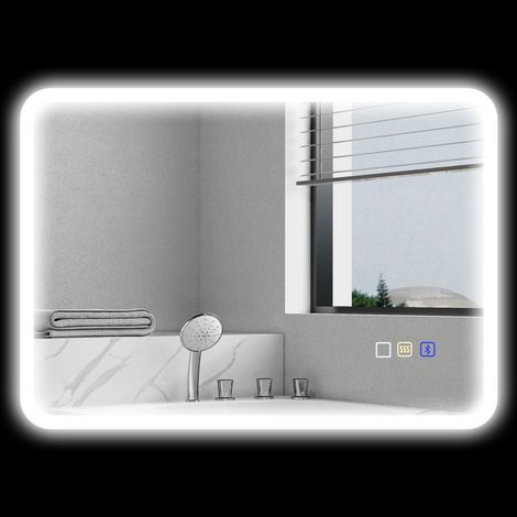 Miroir salle de bain LED bluetooth 50 x 70 cm interrupteur tactile lumière réglable 3 couleurs anti-buée mémoire argent (1/5)