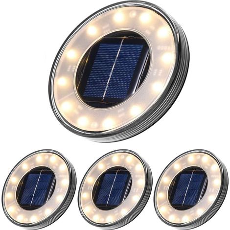 Paquete de 4 luces solares LED para suelo, iluminación solar exterior con 12 LED, resistente al agua IP68, alumbrado público, luces subterráneas para caminos, jardines, terrazas, patios y césped (blan