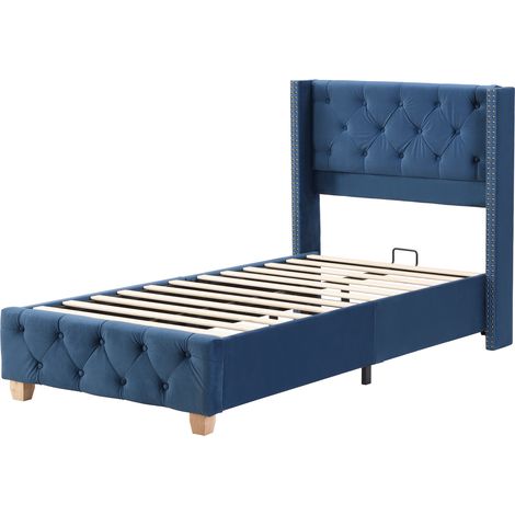 Cama tapizada 90 x 200 cm en terciopelo azul con somier de láminas y cabecero (1/5)
