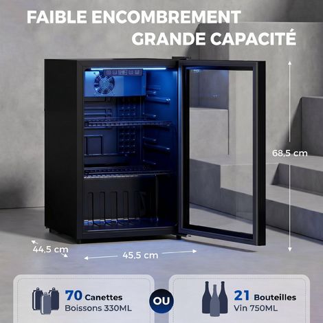 Réfrigérateur à boissons 70L et 70 canettes, petit frigo silencieux, porte en verre trempé, étagères réglables, noir (1/5)