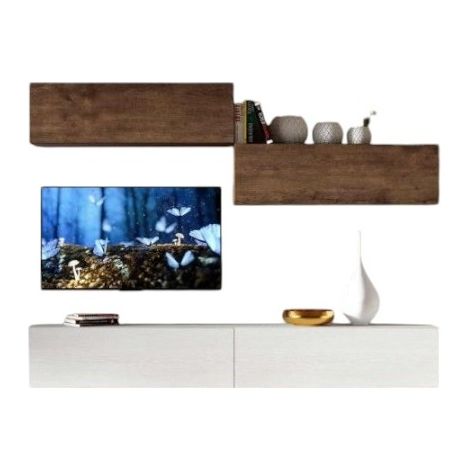 Meuble TV mural blanc et noyer koza L 268cm - 4 pièces (1/4)