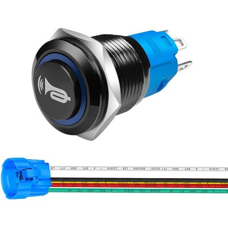 16mm 12V-24V/5A Commutateur Momentané, Haut Parleur Klaxon Bouton Poussoir Noir avec Pré-câblage, Interrupteur en Métal étanche avec Lumière LED Bleue pour Voiture Bateau (1/5)