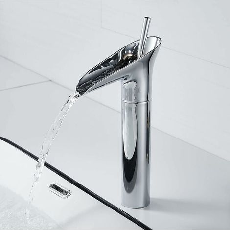 Grifo para lavabo de baño, grifo tipo cascada, grifo mezclador para baño, grifo mezclador monomando cromado vintage, grifo mezclador ajustable para agua fría y caliente, cromado (1/4)