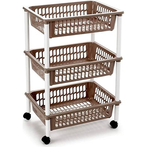 Tradineur PLFT Chariot à légumes en plastique avec 3 niveaux et roues, paniers empilables pour fruits, légumes (marron taupe), 61,5 x 40 x 30 cm (1/4)