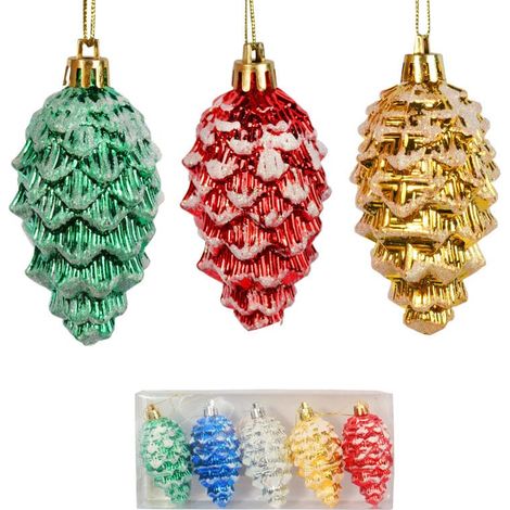 Set di 5 palline di Natale in plastica multicolore a forma di cono con glitter, 9 cm (1/5)