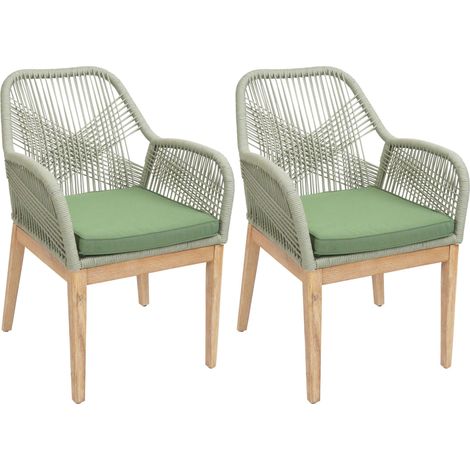 [NEUWERTIG] 2er-Set Gartenstuhl HHG-678b, Sessel Outdoor, wetterfest Seilgeflecht Rope Holz Akazie grün Kissen grün