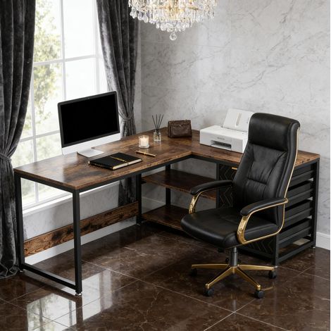 Bureau d'angle réversible en L avec 4 tiroirs et étagères 150 x 110 x 75 cm (1/5)