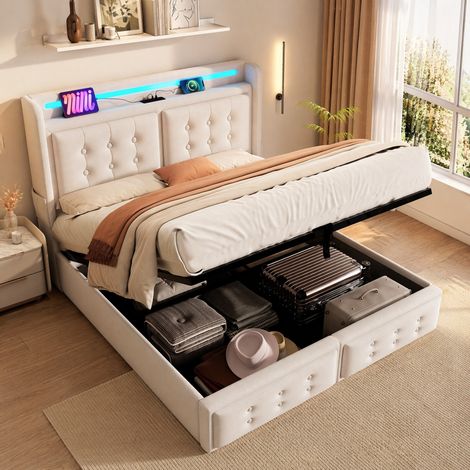 Letto matrimoniale 160x200 cm beige in cotone e lino con LED, ricarica USB-C e vano contenitore (1/5)