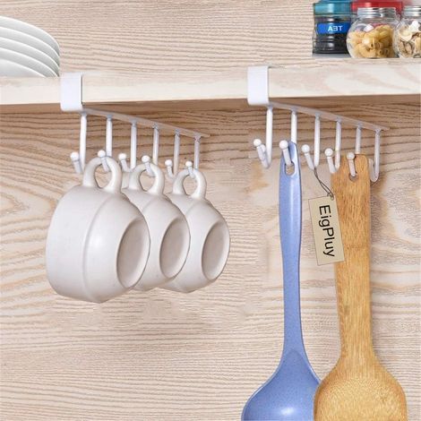 2er-Set Haken zur Aufbewahrung von Tassen, Weingläsern, Küchenutensilien, Krawatten, Gürteln und Schals – Hängehaken für unter Schränke, kein Bohren erforderlich, Weiß (1/3)
