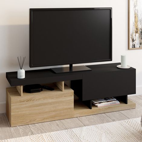 Mueble TV ANGULO 140 cm 2 puertas negro y efecto madera