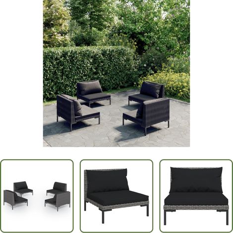 vidaXL Rotin PE demi-rond -  Salon de jardin 4 pcs avec coussins Résine tressée Gris foncé (1/5)