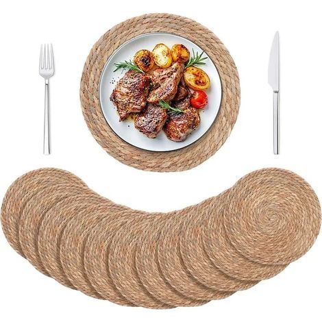 12PCS Sets de Table Ronds Tressés, 30cm, Napperon Boho Antidérapant & Résistant à la Chaleur, sous-Verres Tissé, Tapis - 30cm 12pcs (1/5)