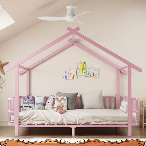 Lit cabane enfant 90x200 métal - barrière sécurité toit cadre décoratif - rose (1/5)