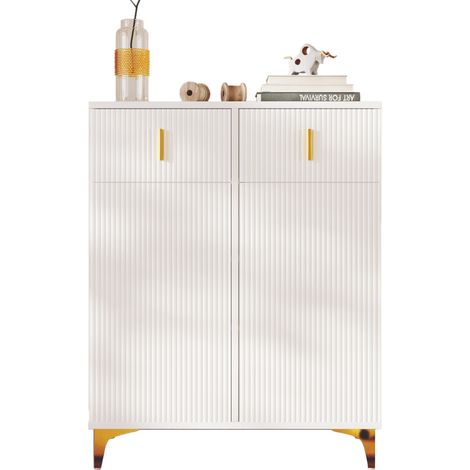 Aparador blanco de tablero de partículas con 2 cajones, 2 puertas, baldas regulables y detalles dorados, ideal como mueble zapatero o tocador CHICFURN (1/5)