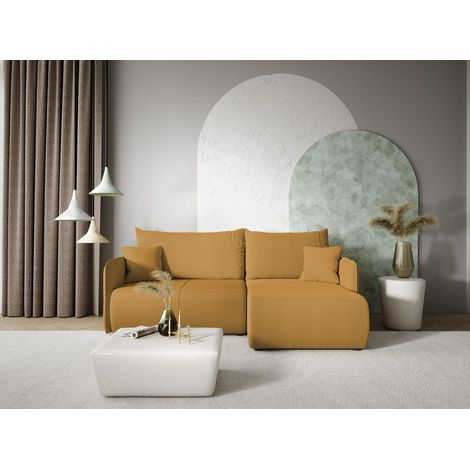 Ecksofa Sofa mit Schlaffunktion CALGARY Stoff Curio Senfgelb Ottomane Rechts (1/4)