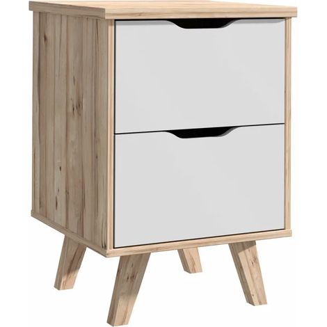 Table de chevet 2 tiroirs décor chêne et blanc pieds bois - ALBANE (1/5)