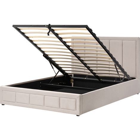 Cama con almacenaje minimalista cabecero tapizado tela base elevable con somier de láminas diseño acolchado beige 160 x 200 cm Quiberon