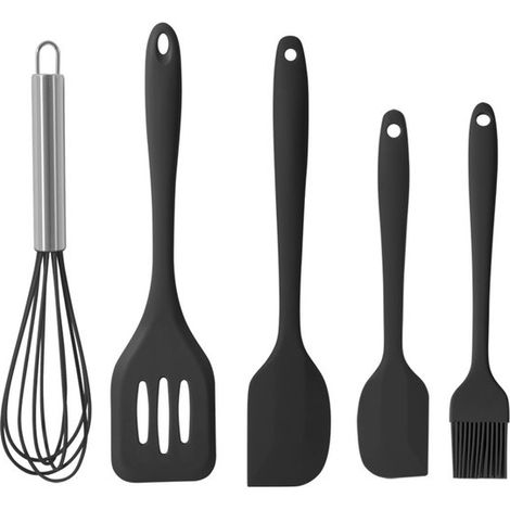 Juego de utensilios de cocina de silicona (5 piezas), Revestimiento higiénico y duradero, Utensilios de cocina resistentes calor, 5 piezas, Negro (1/5)
