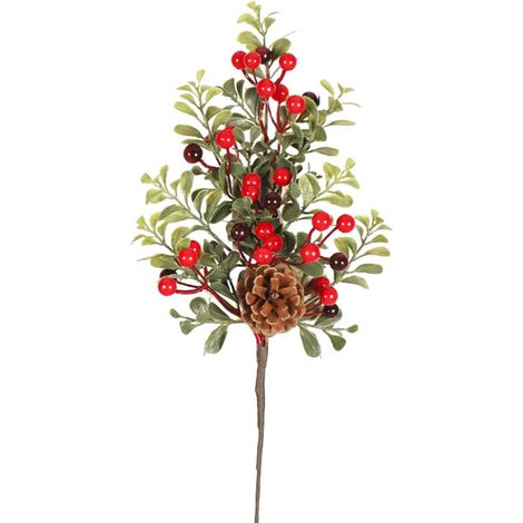 Branches De Noël Artificielles - Baies Rouges Et Pommes De Pin - Feuillage Vert - Pour Décoration De Vase Ou De Sapin - Lot De 1 (1/5)