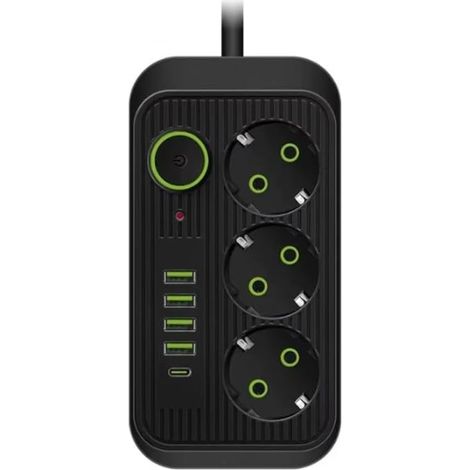 Multiprise 3 Prises, 4 Ports USB + 1 USB-C, Multiprise avec Interrupteur, Câble 2m, Parafoudre et Surtension, 2500W (Noir) (1/5)
