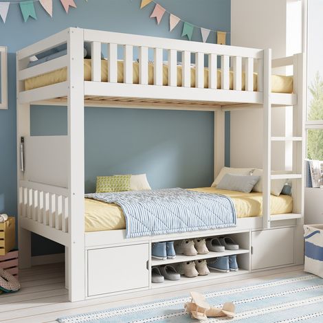 Lit superposés 90×200cm, lit enfant, blanc, tablette rabattable,range-chaussures intégré,sommier à lattes,conforme à la norme EN747,matelas non inclus (1/5)