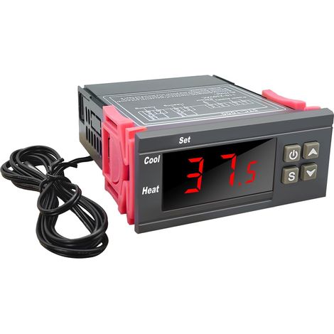 Régulateur de température numérique 110-220 V, thermostat numérique avec sonde étanche de 1 m, double relais de contrôle de température pour chauffage, refroidissement, aquarium, incubateur, terrarium (1/5)