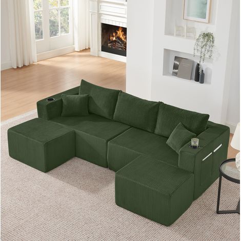 Canapé d’angle modulaire 3 places en velours côtelé vert avec ottomans mobiles et porte-gobelets (1/5)