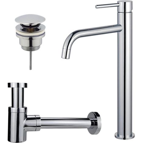 FugaFlow Eccelente Sobrado Slim Slim Kit mitigeur lavabo - robinet rehaussé - bonde clic clac - siphon design bas - Chrome brillant (1/4)