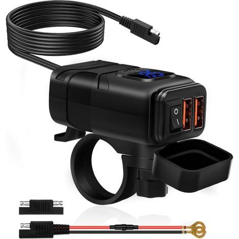 – Chargeur USB moto étanche 30W – Double port USB-A et TYPE-C – Charge rapide QC3.0 – Interrupteur et voltmètre LED – Installation guidon (1/5)