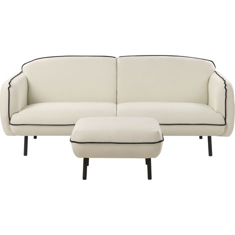 Sofá 3 plazas con otomana retro glamuroso patas de metal ribete negro sala de estar tapicería de tela beige gris claro Tonsberg
