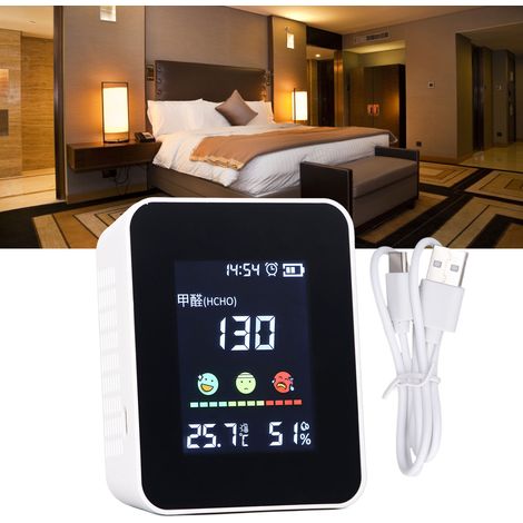 Moniteur de qualité de l'air intérieur 5 en 1 (5 V) avec détection de formaldéhyde, thermomètre, hygromètre, horloge et alarme (1/5)