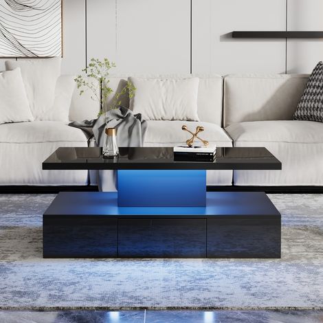 Table basse 2 niveaux avec LED 16 couleurs, étagère ouverte et tiroir, finition laquée brillante noire, pour salon moderne 100x50x39cm (1/5)