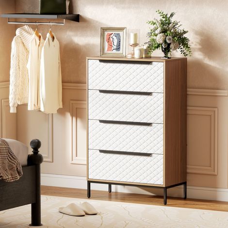 Kommode mit 4 Stoffschubladen, Fronten mit Rautenmuster, für Wohnzimmer, Büro, Ankleidezimmer, Natur und Weiß
