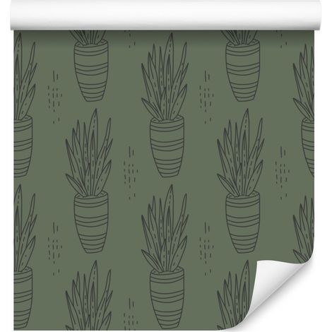 Papel pintado verde cactus y verde botella para salón y dormitorio, 50x1000 cm. (1/5)