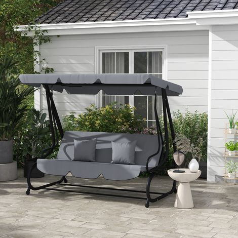 Balancelle 3 places jardin avec toit orientable réglable, 2 accoudoirs tablettes, cadre acier anthracite 2 x 1,2 x 1,64 m convertible (1/5)