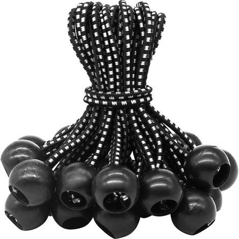 Paquete de 25 cuerdas elásticas de goma con bola para tiendas de campaña, lonas, carteles - Lazos de expansión, soporte para lonas (1/5)