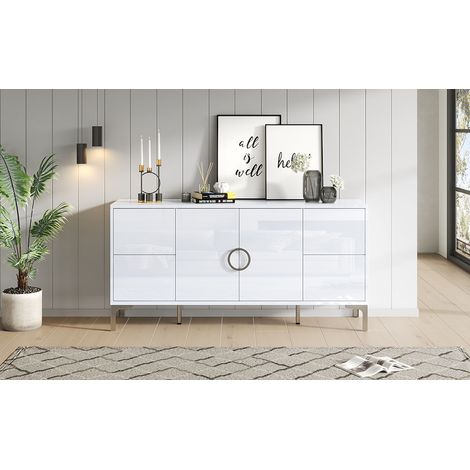 Meuble d'appoint 150x38x59,5cm, buffet blanc haute brillance pour salon avec 4 tiroirs et 2 portes, commode pour salle à manger, pieds métalliques, rangements fermés sans poignées, panneaux MDF. (1/5)