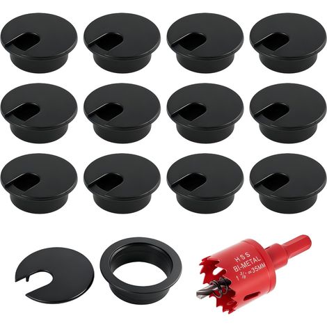 12PCS Passe-Câbles De Bureau 35mm avec Scie Cloche Rouge Et Caches Amovibles, Gestion De Câbles pour Bureaux, Ordinateurs Et Salles De Réunion, Organisateur Pratique pour Câbles en Désordre (Noir) (1/5)