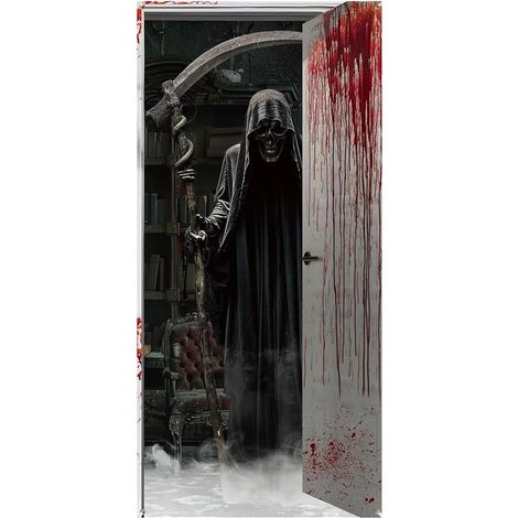 Rideau de porte d'Halloween avec œillets, rideau de douche 90x180cm, motif sanglant, en polyester, rideau de porte effrayant, thème Faucheuse pour les timides (1/5)