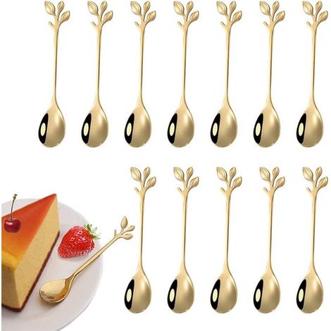 Juego de 12 cucharillas de café de acero inoxidable con forma de hoja，cuchara con mango de hoja，cucharilla de acero inoxidable (1/5)