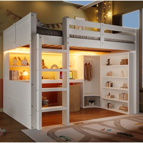 Hochbett 140x200 cm Weiß aus Kiefernholz mit LED, Schreibtisch, Kleiderschrank und Schubladen (1/5)