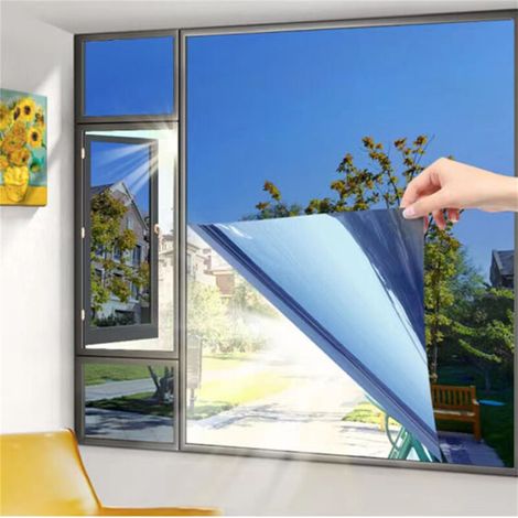 Película de espejo anti-UV y antideslumbrante con kit de instalación, película opaca para ventanas, buen efecto espejo, protección de la privacidad para el hogar, la oficina y la tienda (plateada, 45x (1/4)