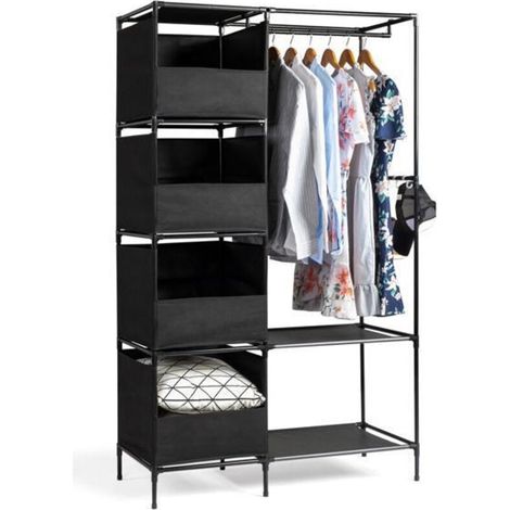 Armoire suspendue à 4 niveaux et double rangée avec rideaux et compartiments de rangement – ​​Placard en tissu non tissé (10545170cm, Noir)