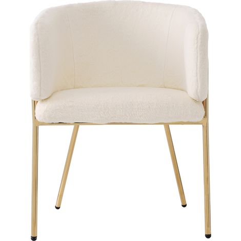 Lot de 2 fauteuils en tissu imitation fourrure beige, pieds métal, design chic pour chambre ou salon