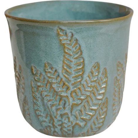 Kew Embossed Fern Planter - Ceramic - L22.5 x W22.5 x H21.5 cm - Teal