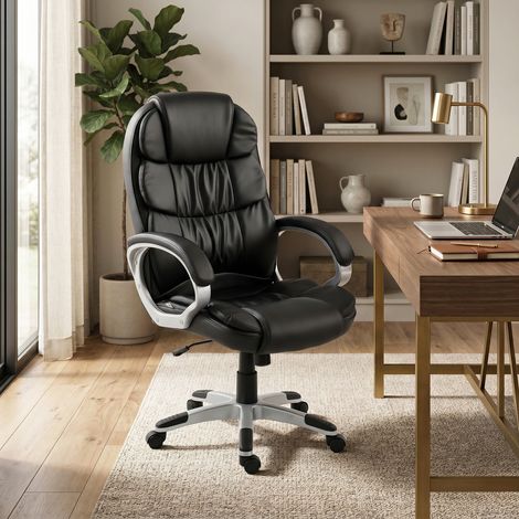 Chaise de bureau ergonomique pivotante en similicuir PU, fonction bascule, hauteur réglable, capacité 120 kg, noir (1/5)