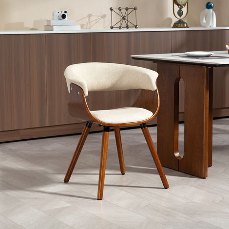 Chaise de salle à manger, tissu aspect lin, dossier incurvé, pieds en bois, beige (1/5)