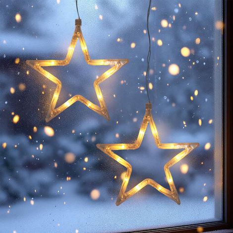 LED Leuchtstern transparent mit Saugnapf zum Hängen - 2er Set - Stern Silhouette warm weiß beleuchtet batteriebetrieben