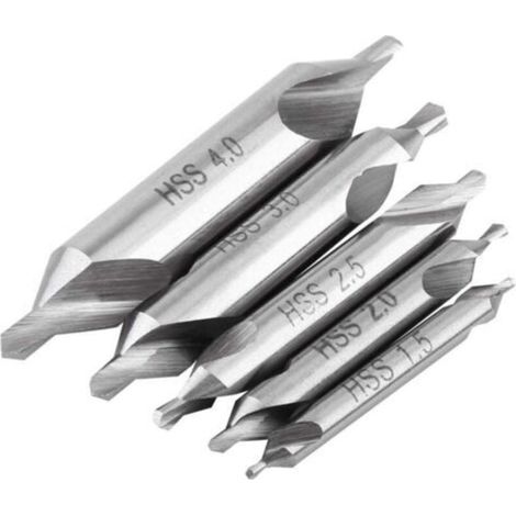 Set of 5 60° HSS center drill bits – High speed steel – Sizes 1.5/2/2.5/3/4mm – For precise drilling and chip evacuation (1/5)